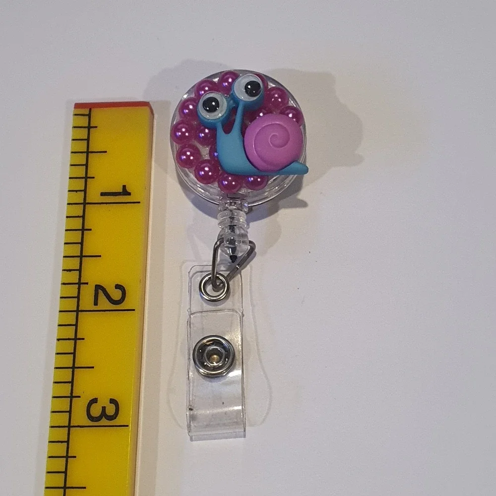 Snail Retractable Badge Reel Pink Pearls ID Holder‎ Nurse Teacher Gift Handmade